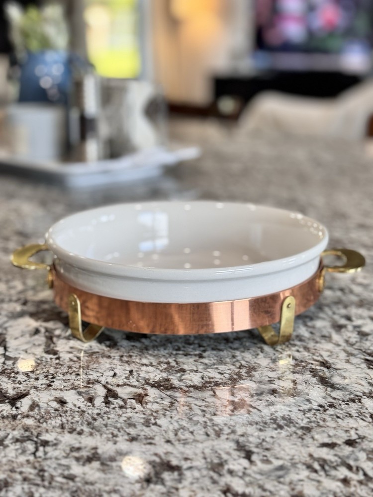 Vintage Old Dutch Solid Copper Stand Ceramic Chaffing Dish Set