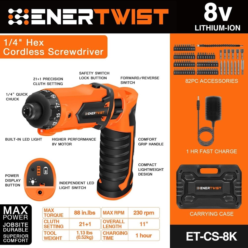 Lightweight 8V Cordless Screwdriver Set with LED Light & 82pcs Accessory Kit