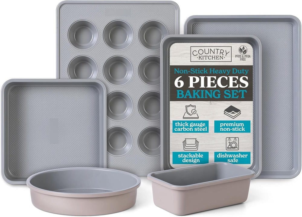 Country Kitchen Nonstick Stackable Bakeware Set, Taupe, 6-Piece
