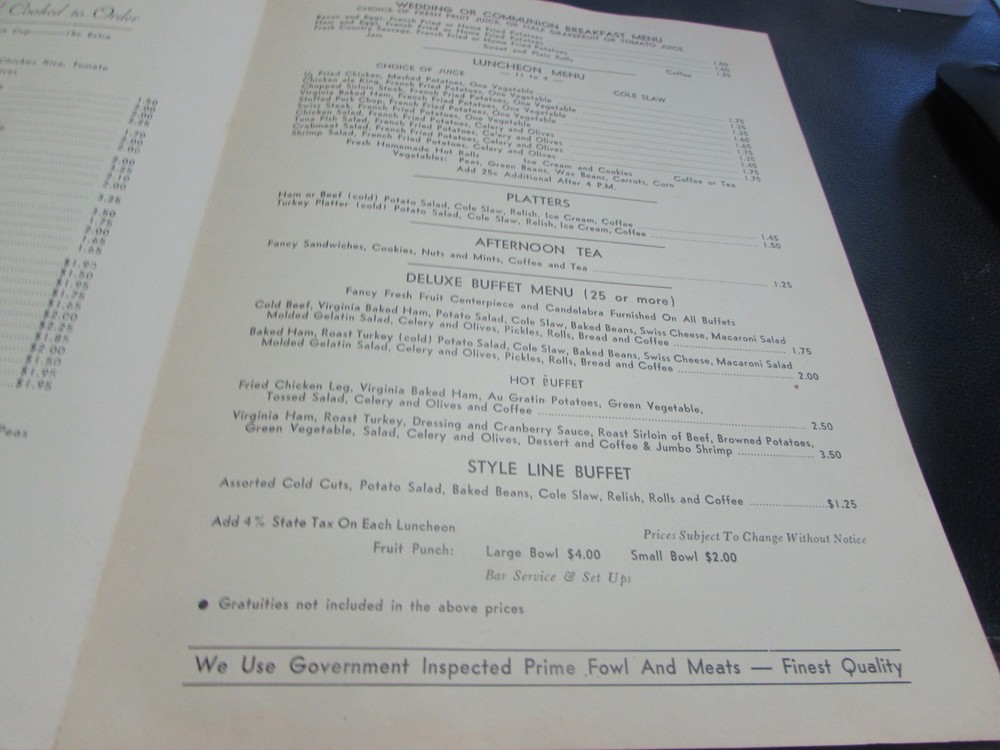 ORIGINAL - THE DEITRICK - CATERERS - SCRANTON PA - MENU