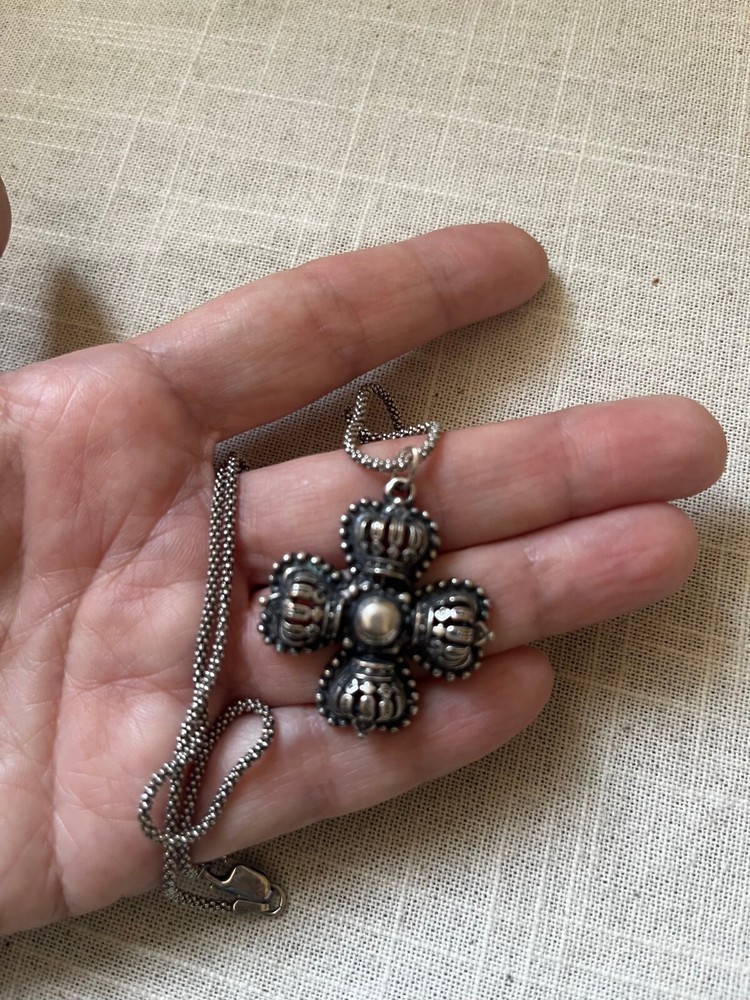 Cross Pendant on Artisan Chain Solid Sterling slight Oxidation 16" Chain Jblu