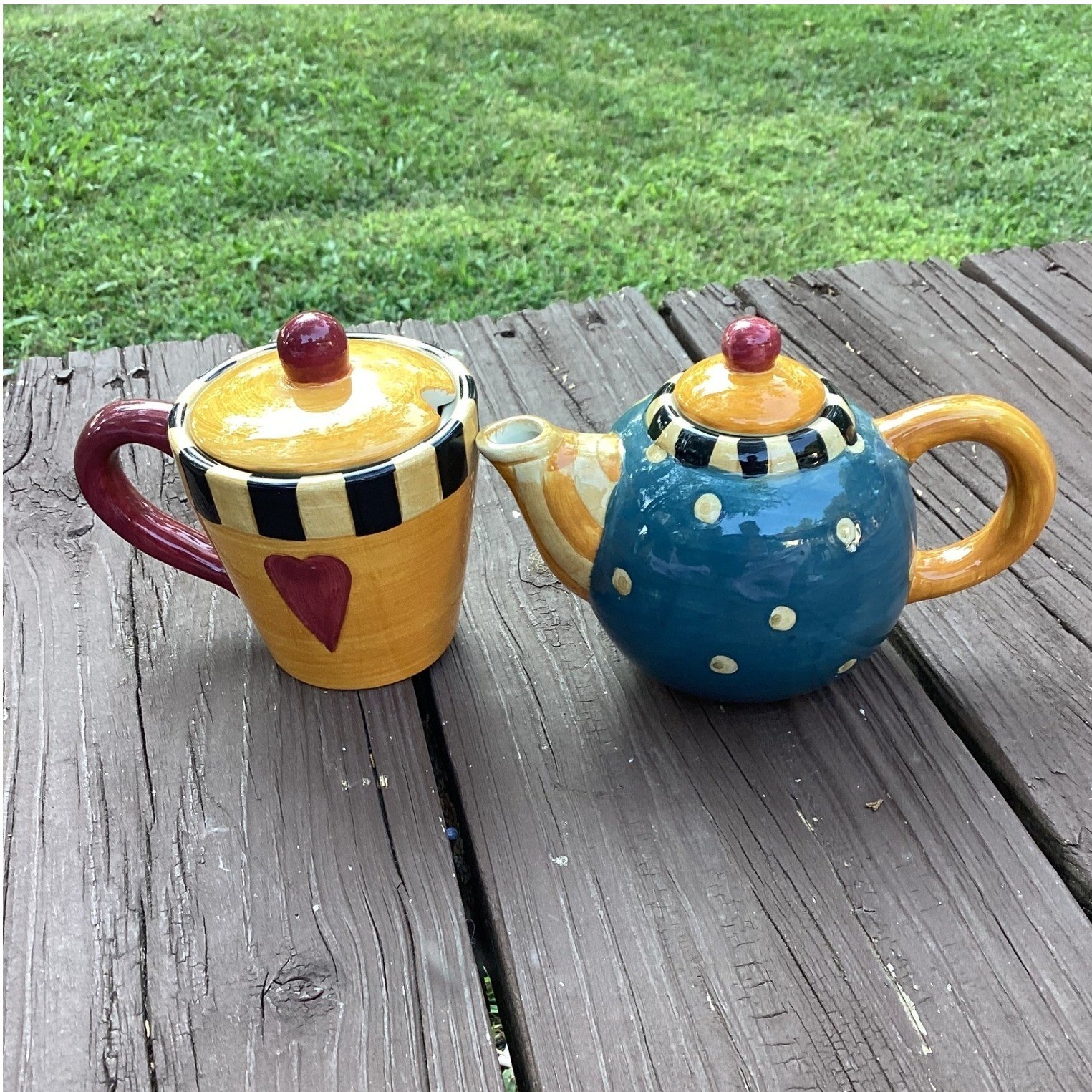 Sakura Hand Painted Ceramic Teapot and Sugar Bowl Set Whimsical Heart Polka Dot