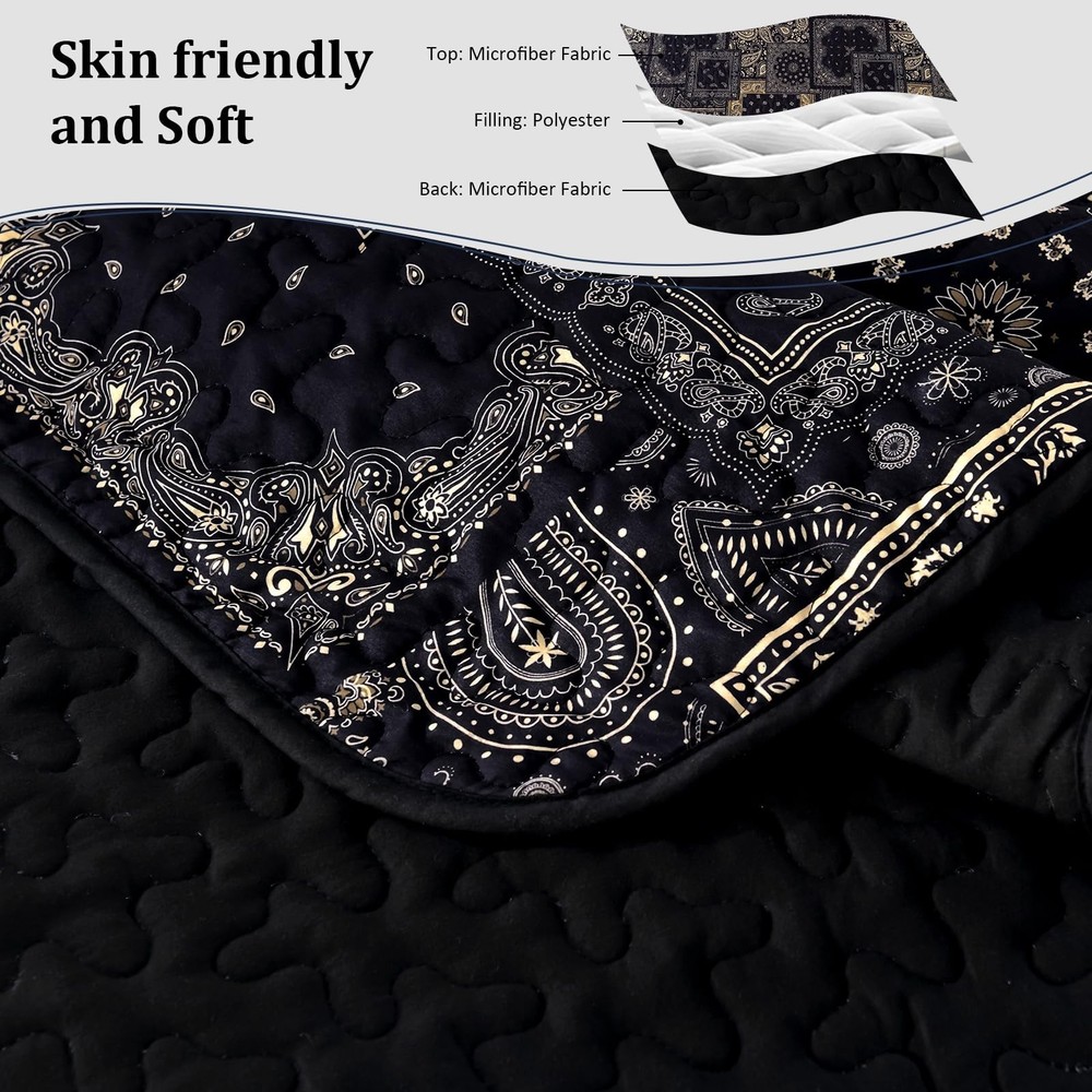 Cottolester Boho Patchwork Quilt Set Queen Size,Black Gold Fall Bedspread,Pai...