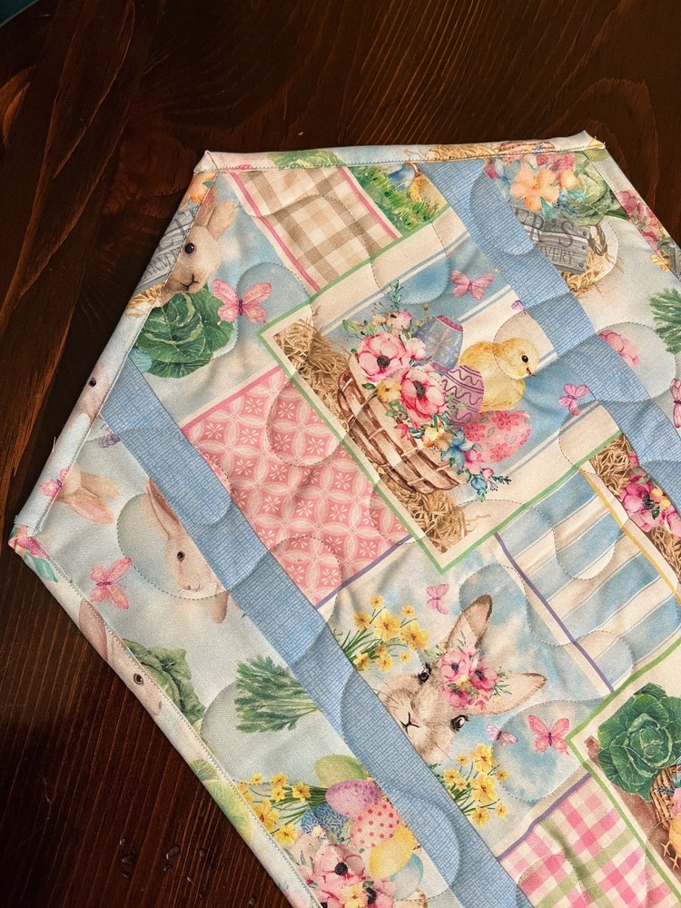 Handcrafted-Quilted Table Runner Happy Easter -Easter Eggs, Bunnies-Gardens 2026