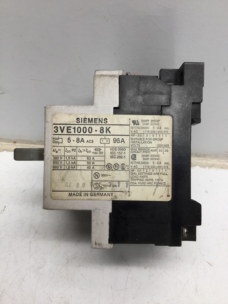 SIEMENS 3VE1000-8K Motor Starter, 5-8A
