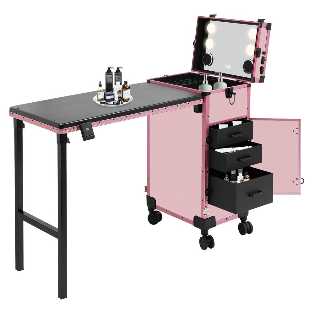 Movable Makeup Case W/Foldable Beauty Table and Makeup Mirror For Makeup Artists