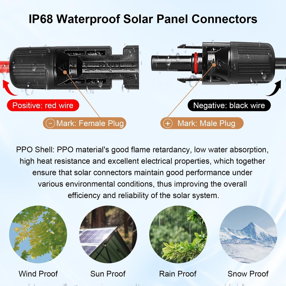 Solar Panel Extension Cable - 10AWG 10FT Wire with Female &
