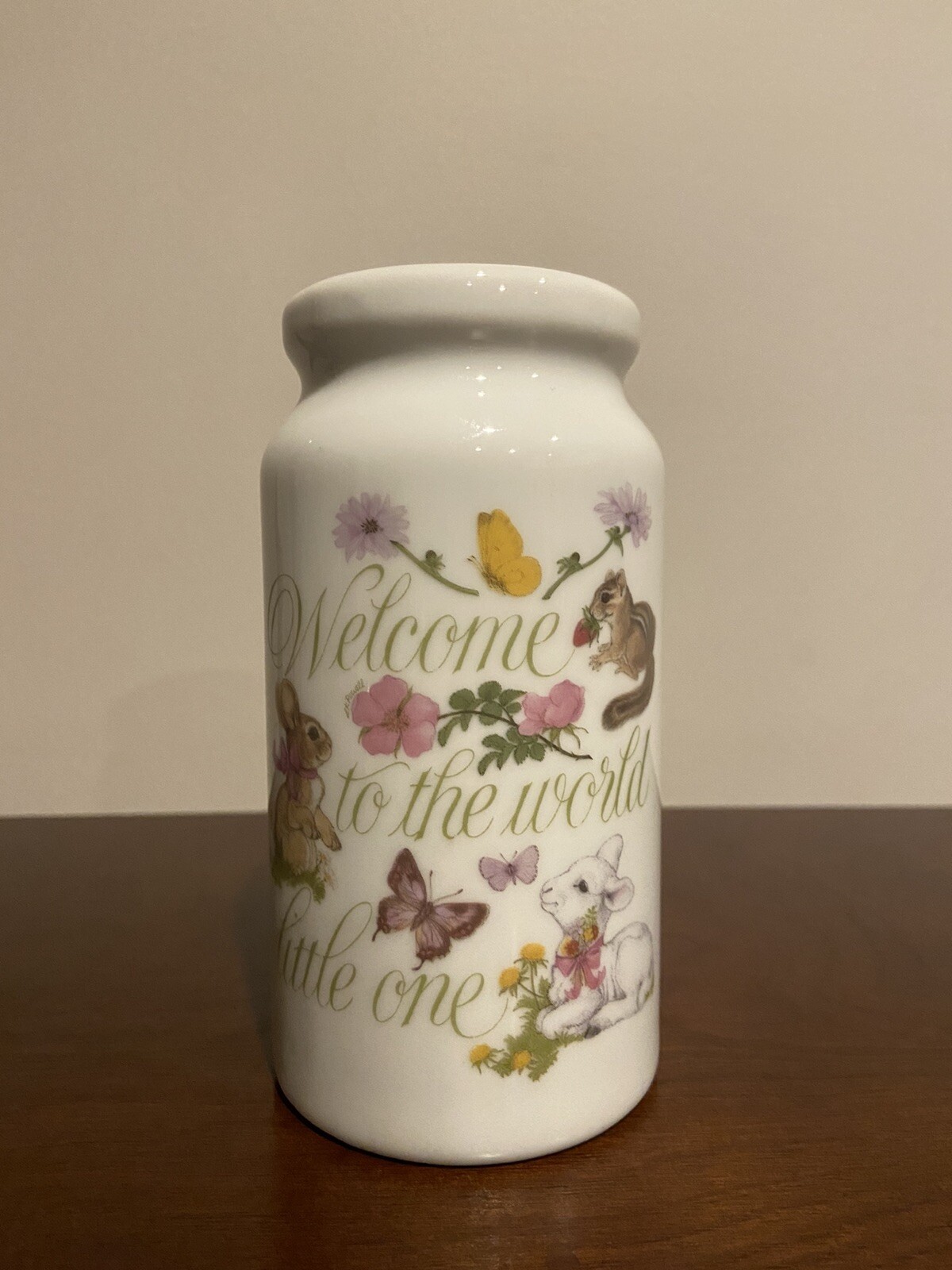 Vintage [1983] Porcelain Baby Powder Shaker ~ "Welcome to the World Little One"