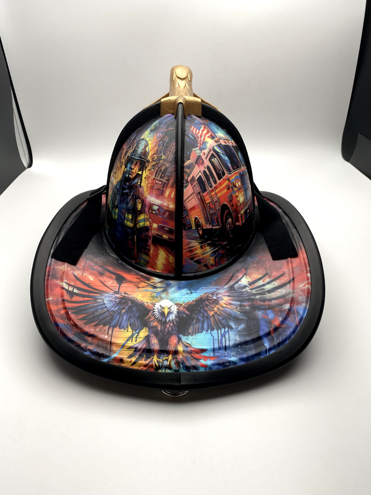 Custom Designed Painted Firefighter Helmet- Vinyl Wrap- Fireman Tribute