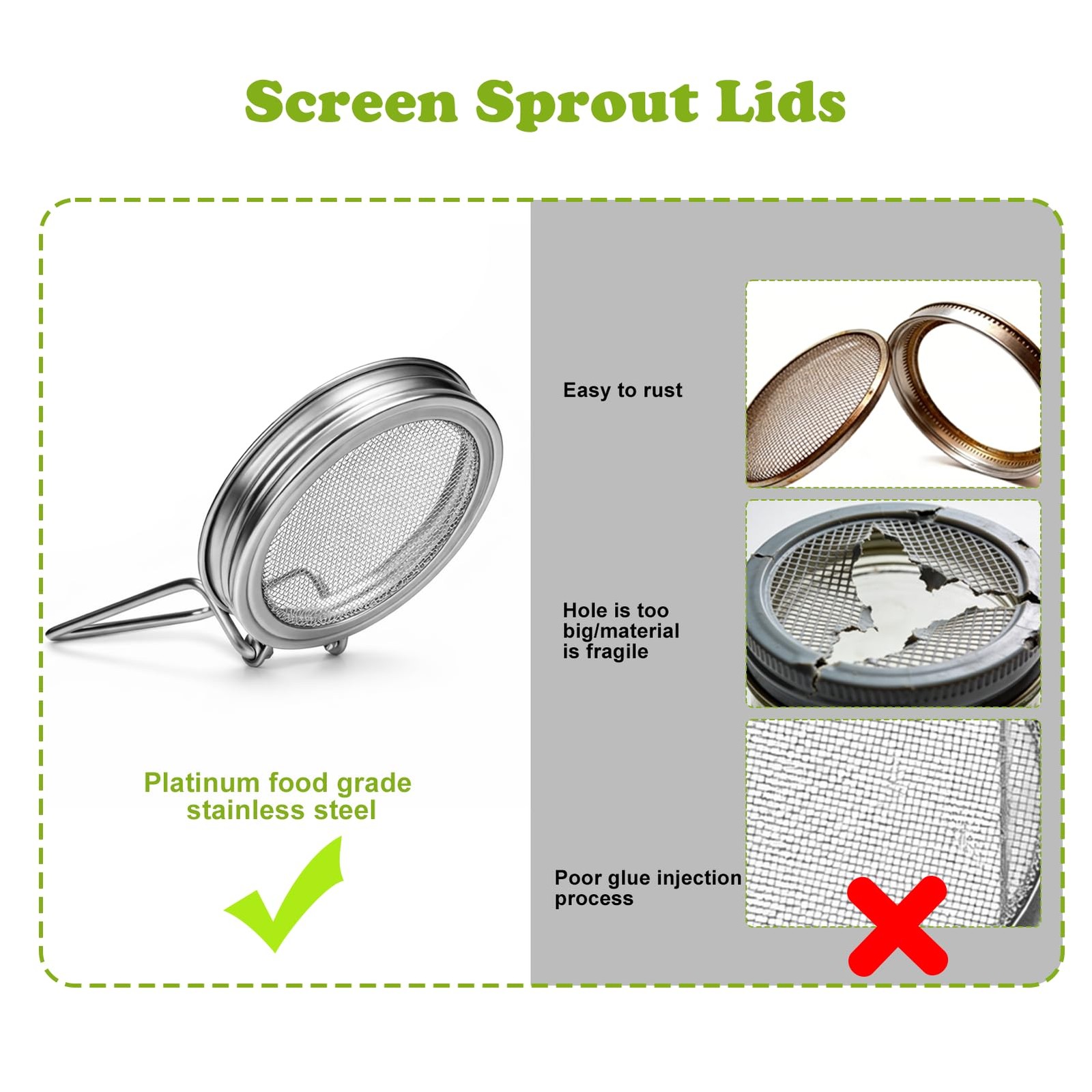 Sprouting Lids for Wide Mouth Mason Jars, 2Pack Reusable Stainless Steel Screen
