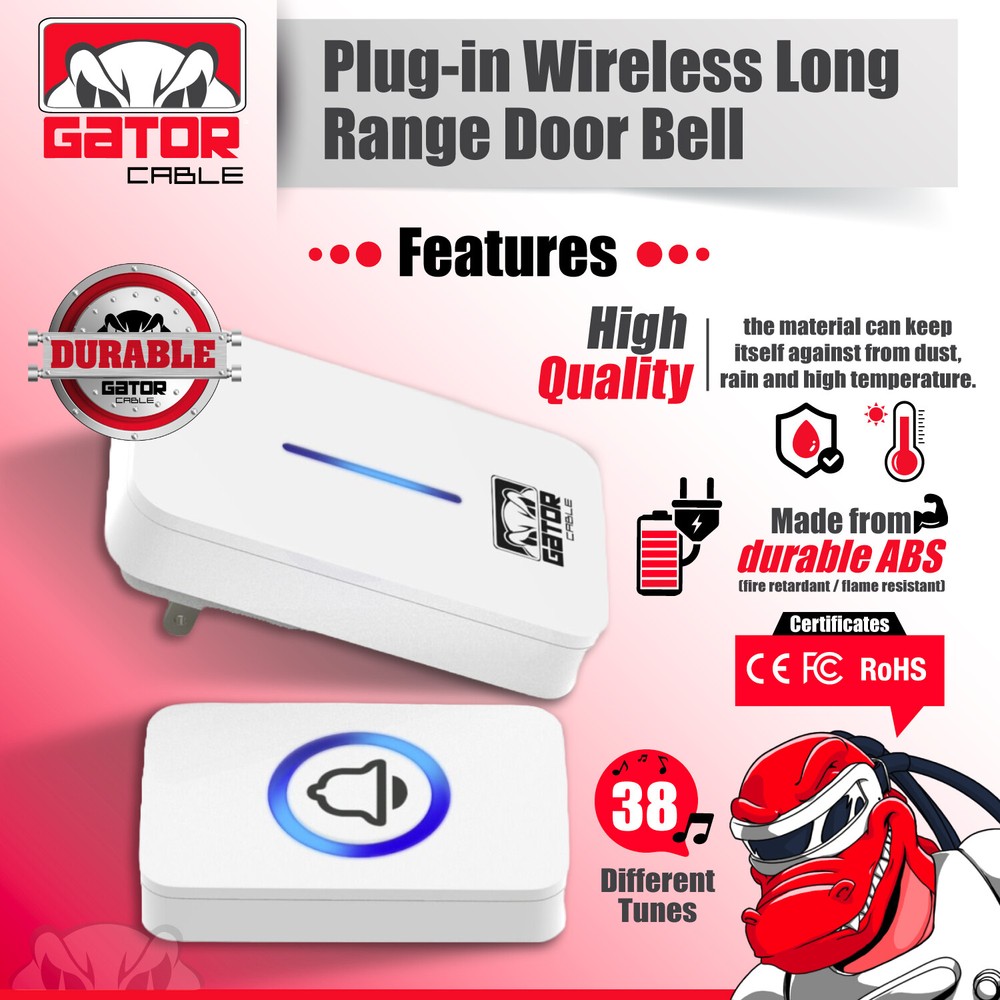 Wireless Doorbell Chime Waterproof Plugin Receiver Adjustable Volume 1000FT LOUD