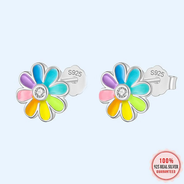 18K 925 Sterling Silver Rainbow Glaze Flower Charm Adjustable Ring/Stud Earrings