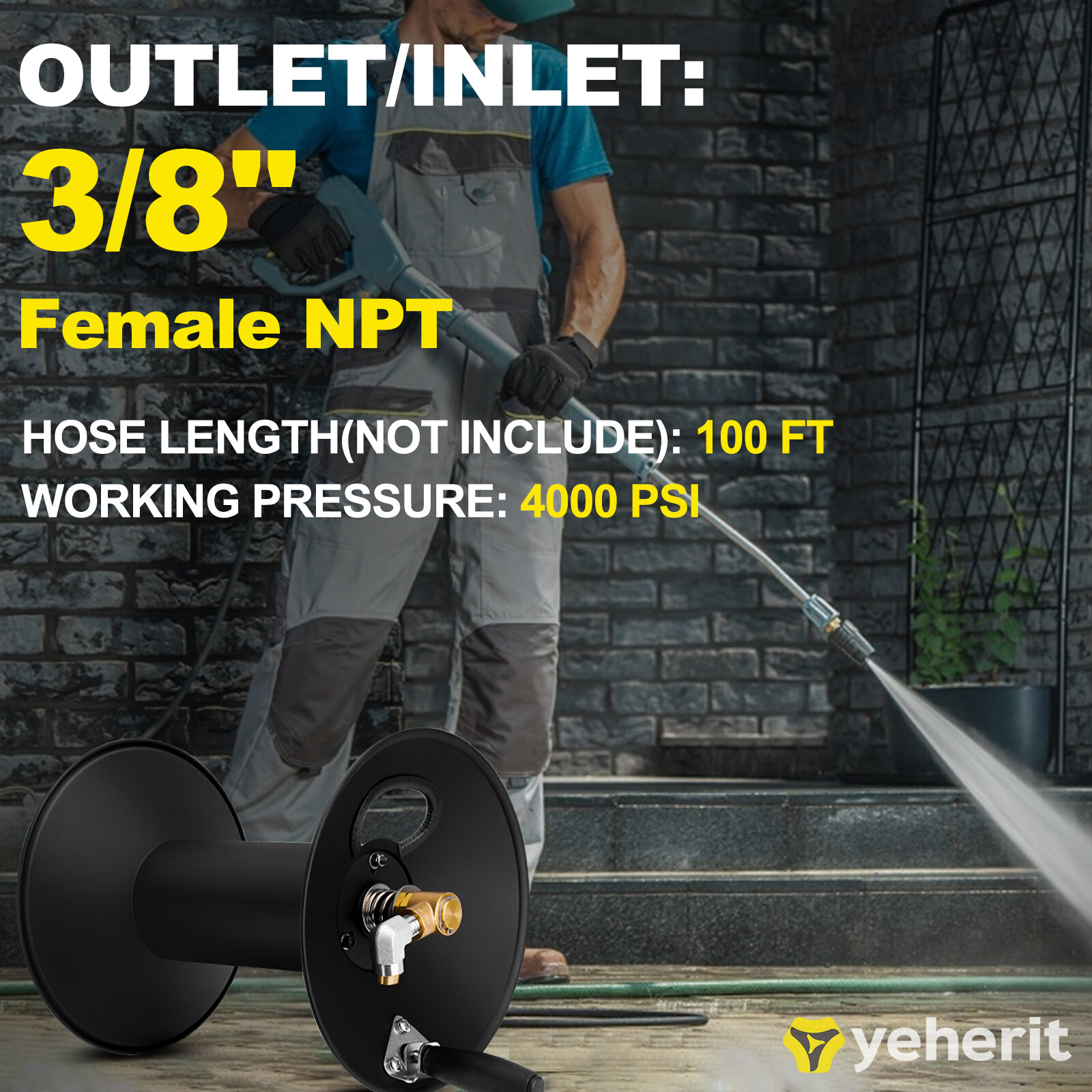 Pressure Washer Hose Reel W/ Jumper Hose for 3/8"NPT X100ft 4000PSI Retractable