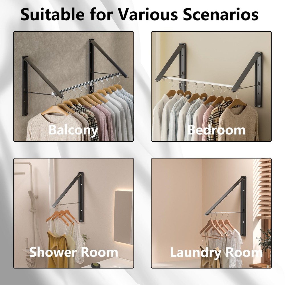 Dr.DJ Wall-Mounted Foldable Clothes Drying Rack with Rod - Retractable, Metal