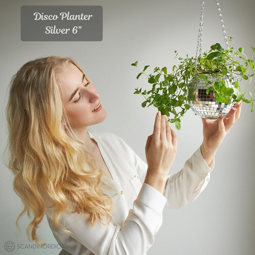 Disco Ball Planter with Macrame Hanger & Self-Watering Insert