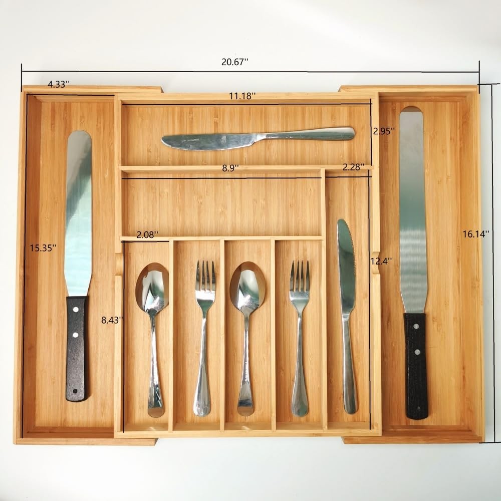 Bamboo Kitchen Drawer Organizer: Expandable Tray, Adjustable Natural