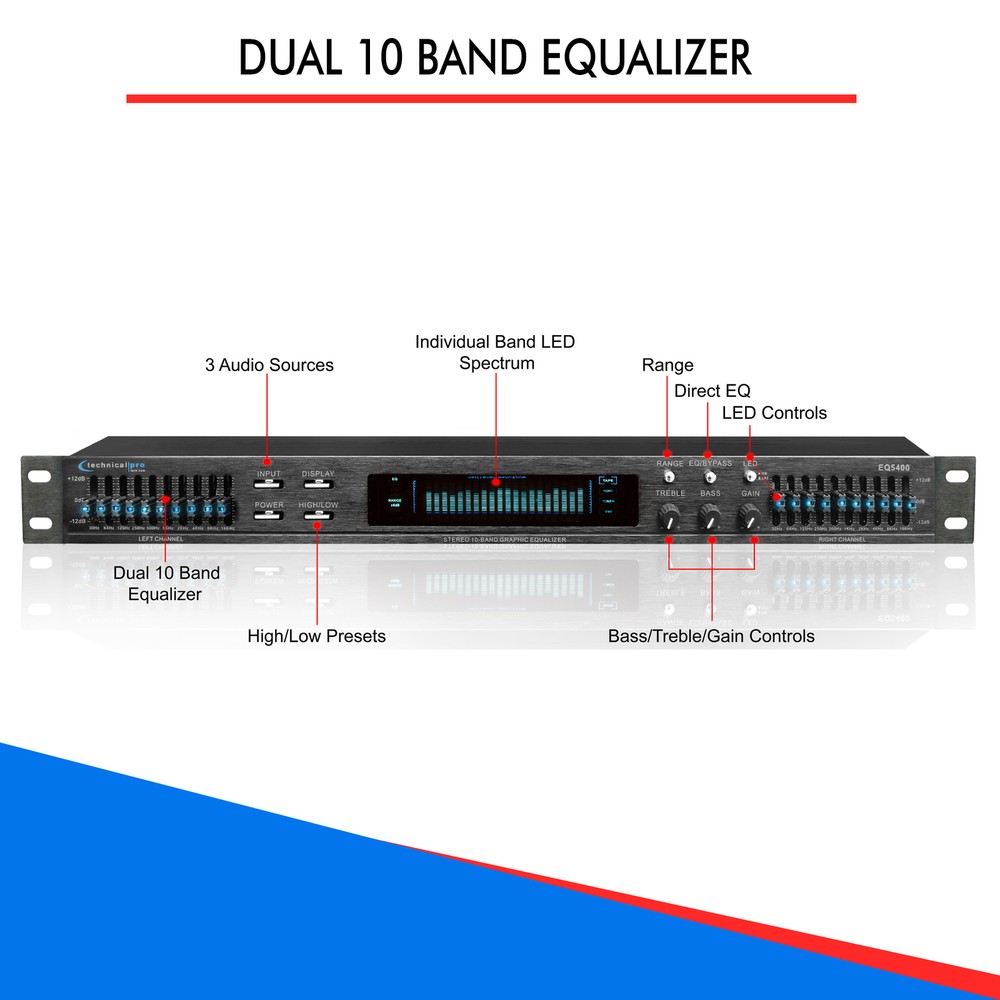 Professional Dual 10 Band Equalizer with Individual LED Indicators