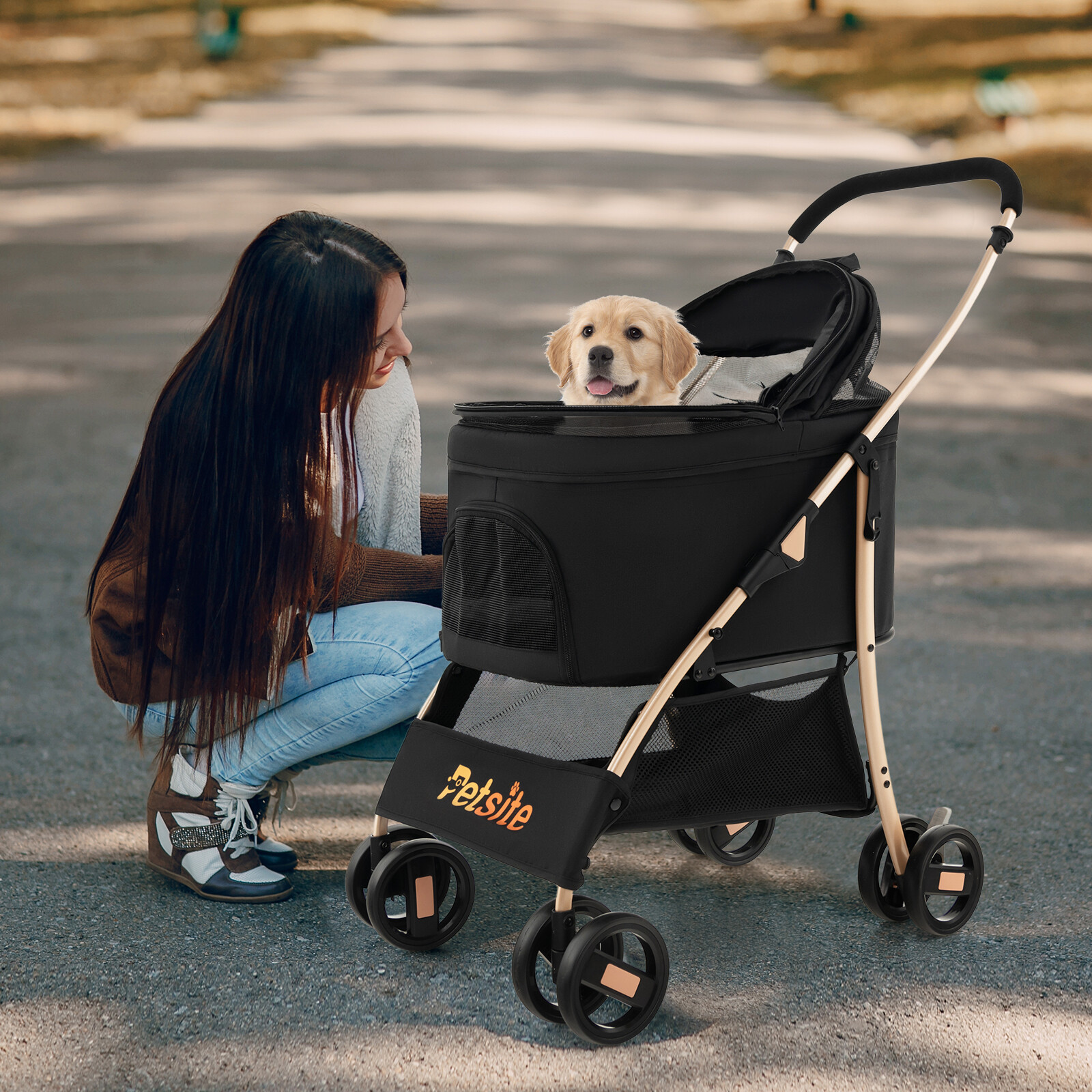 3-in-1 Foldable Pet Stroller with Storage Basket, Removable Car Seat Carrier