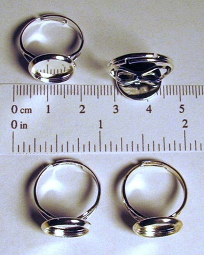 100 SILVER PLATE Adjustable RING BLANKS Beveled pad for 12mm Cabochon Bezel edge