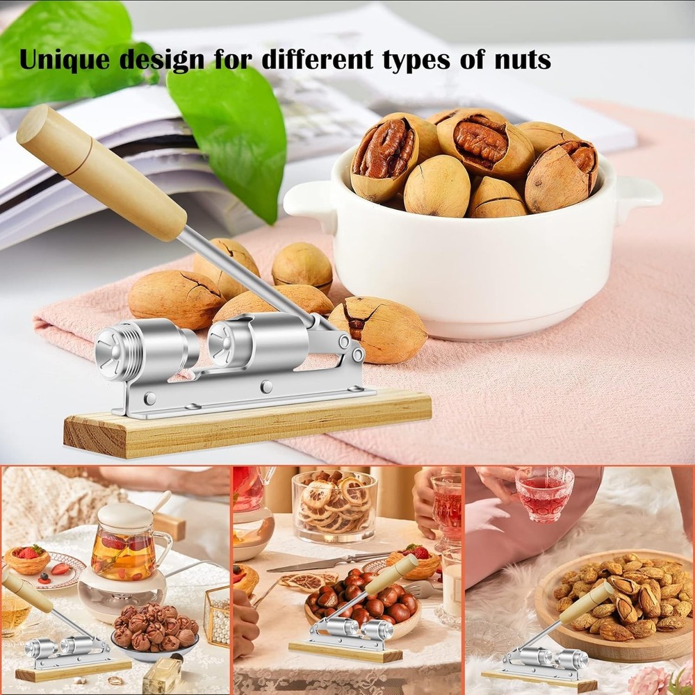 Heavy Duty Pecan and Nut Cracker Tool, Wood Base and Adjustable Handle, Easy Use