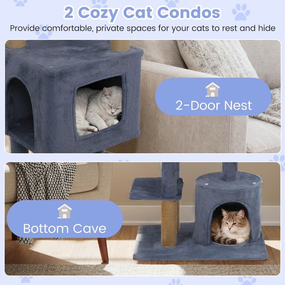 64” Tall Cat Tree with 2 Large Condos, Jute Scratching Posts, Plush Top Perch