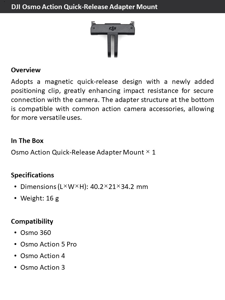 DJI Osmo Action Quick-Release Adapter Mount – Magnetic, Impact-Resistant