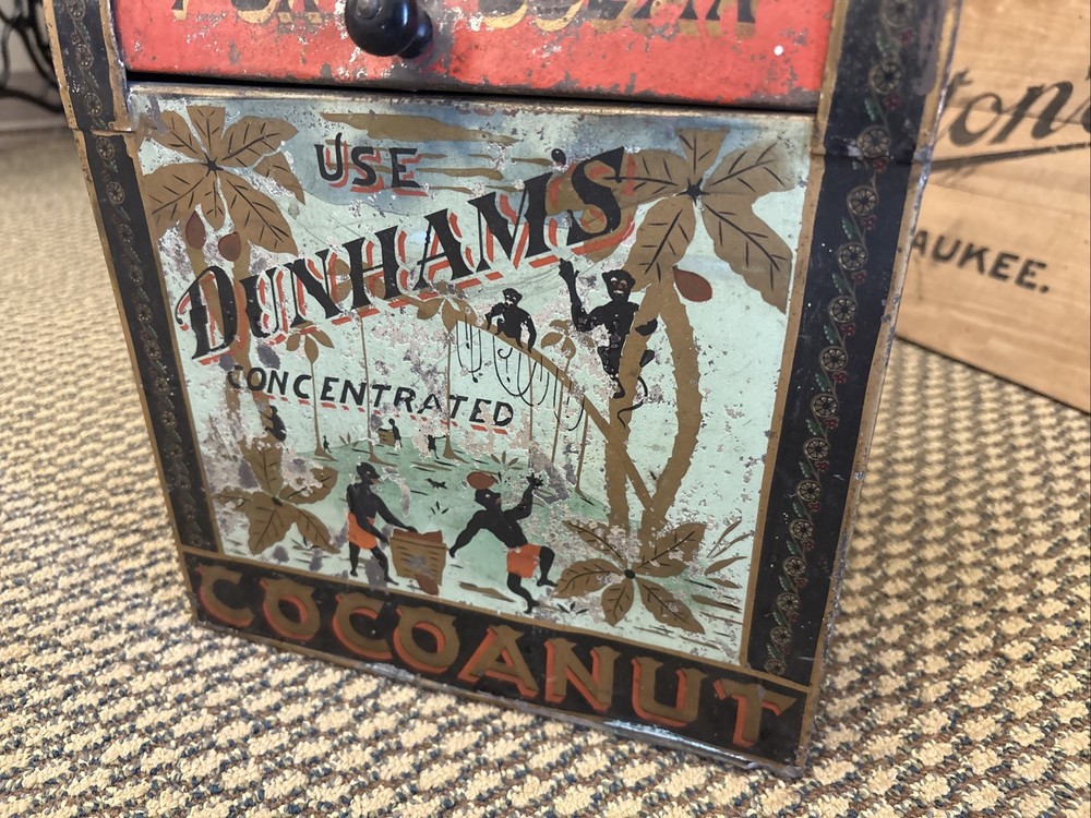 Antique Dunham’s Cocoanut Bin General Store Tin Counter Display Monkeys Natives