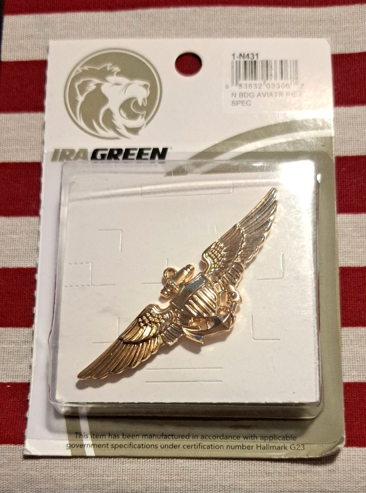US NAVY NAVAL AVIATOR FULL SIIZE REG DRESS PILOT BADGE WINGS IRA GREEN G23 NIP