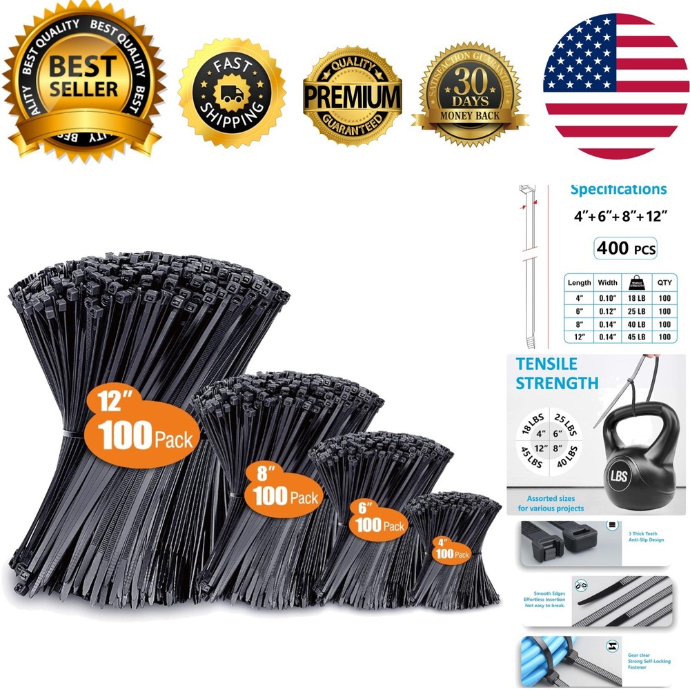 Assorted Zip Ties 400 Pack - Durable, UV Resistant, Various Sizes 4-12 Inch