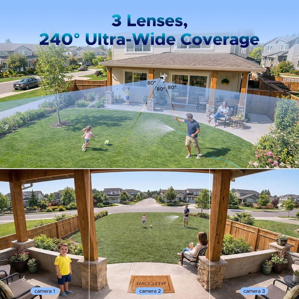 Wireless Security Camera System Outdoor Triple-Lens Security Cam Auto Tracking