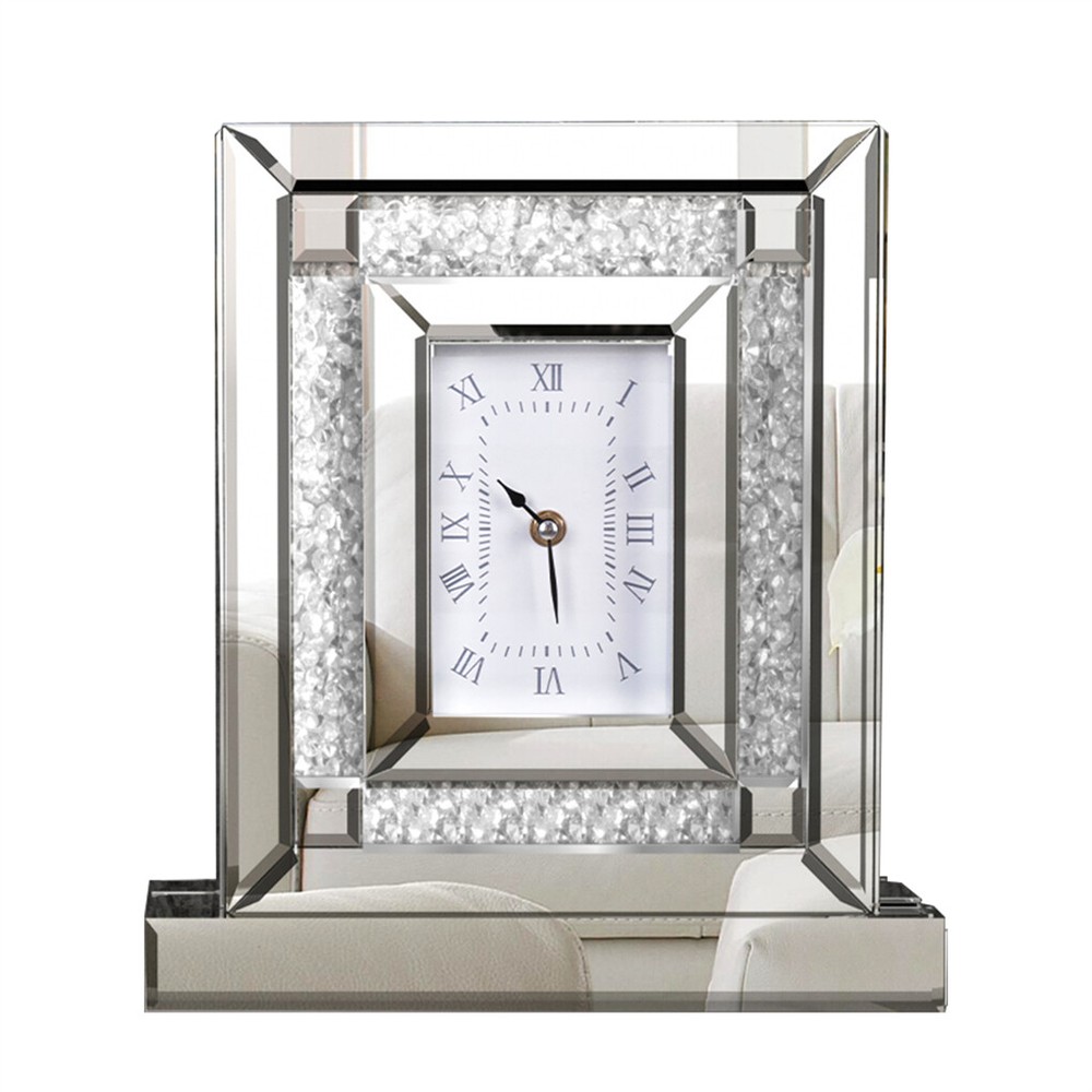 High-end Mirrored Desk Clock Crushed Diamond Table Clock Silver Glass Edge Frame