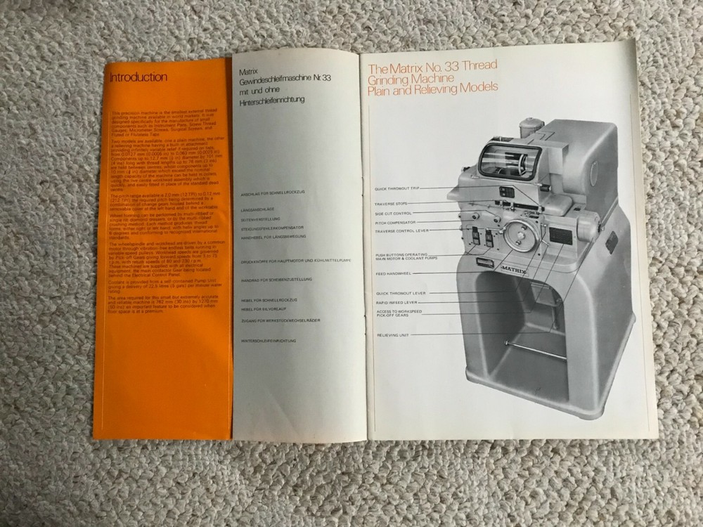 Matrix No. 33 Thread Grinding Machine Plain & Relieving Sales Catalog           