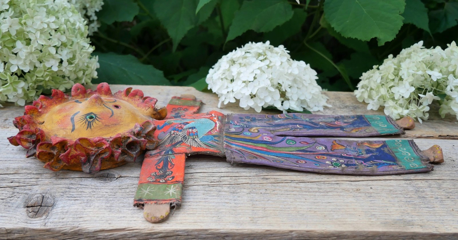 Sun Face Man Bird of Paradise Handmade Canvas & Coconut Guerrero Mexico Folk Art