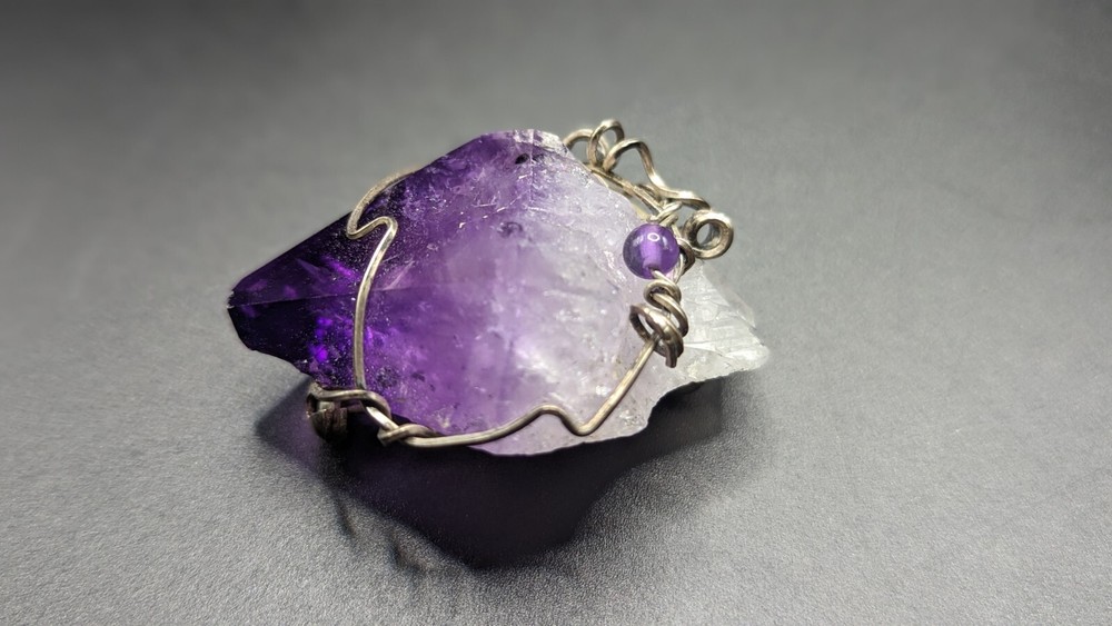 Natural/Raw Wire Wrapped Amethyst Crystal Pin