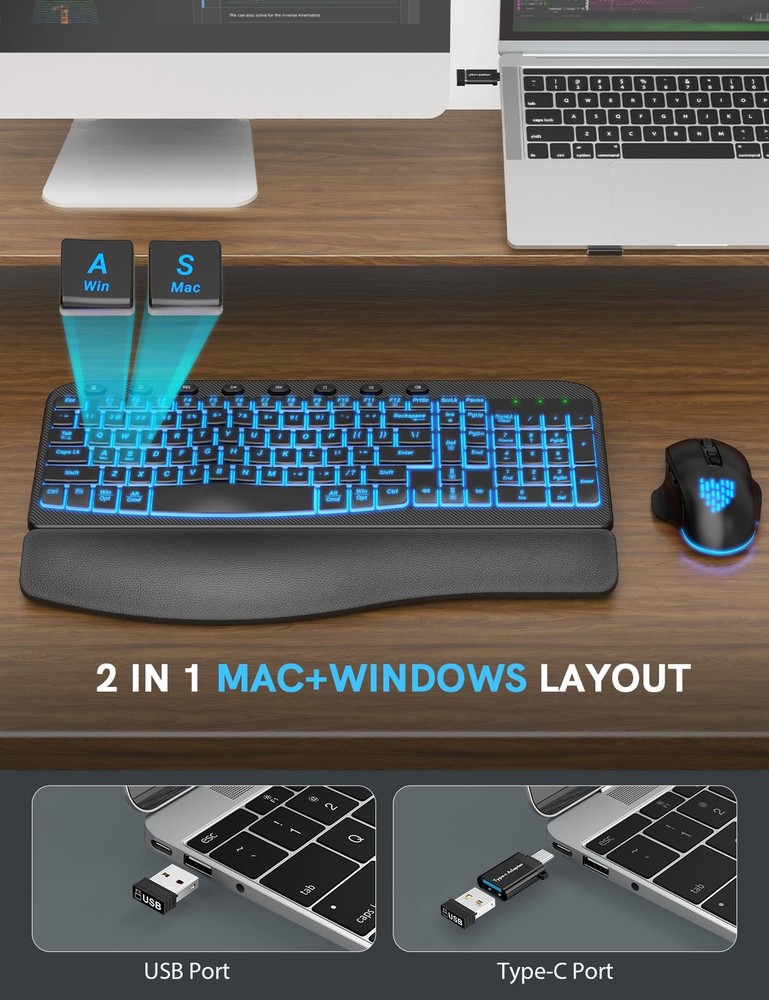 Ergonomic Wireless Keyboard and Mouse Combo - Wave Keyboard with Soft Leather...