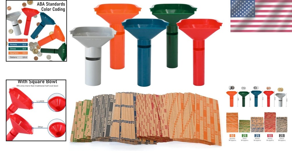 Effortless Coin Sorting: 175 Flat Striped Wraps & 5 Strong Sorting Tubes