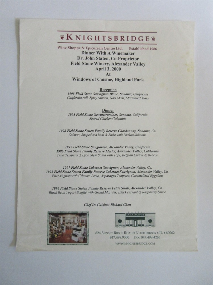 Knightsbridge Menu Dinner Menu Field Stone Winery 2000 Northbrook IL