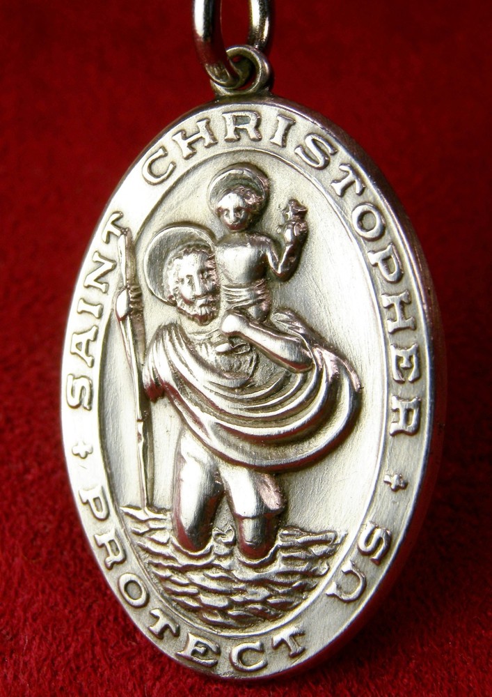 WWII CHAPLAINS 9 GR Sterling GI Battle Worn Dog tag Chain St Christopher Medal