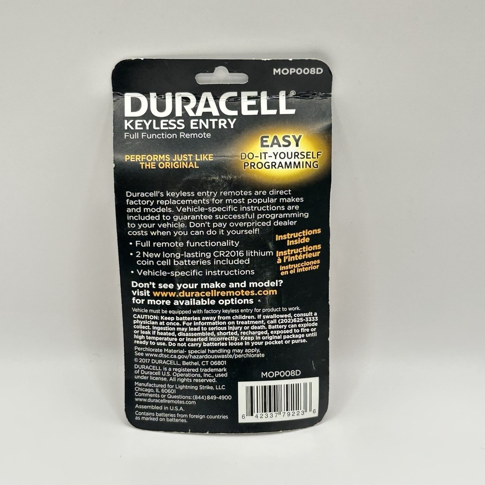 New Duracell Keyless Entry Full Function Remote MOP008D New