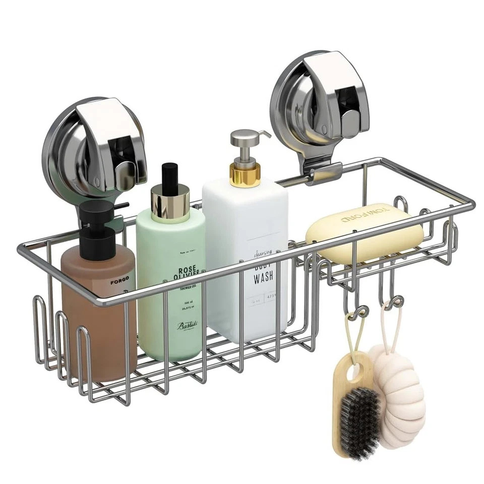 Suction Cup Shower Shelf Caddy Soap Dish with Hooks for Sponge Rust Proof