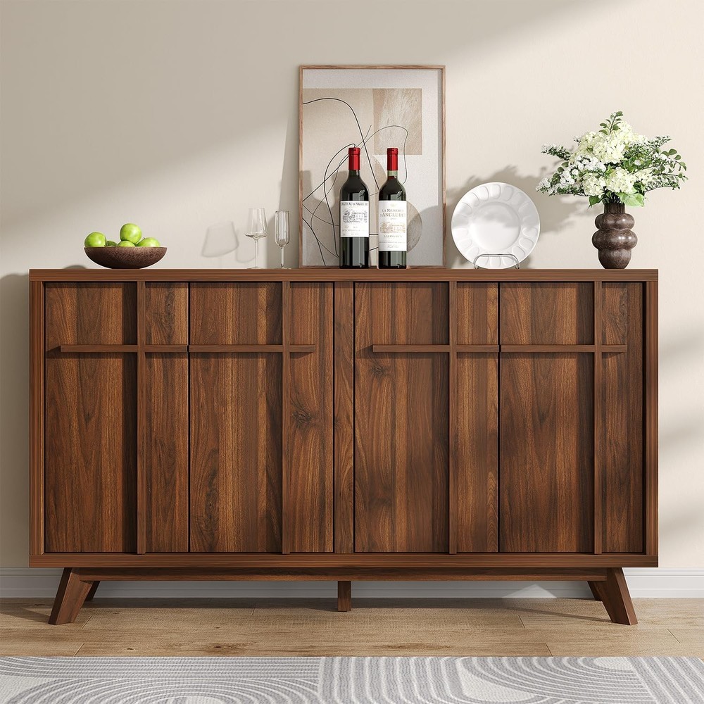 Sideboard Buffet Cabinet 59" 4 Doors Walnut