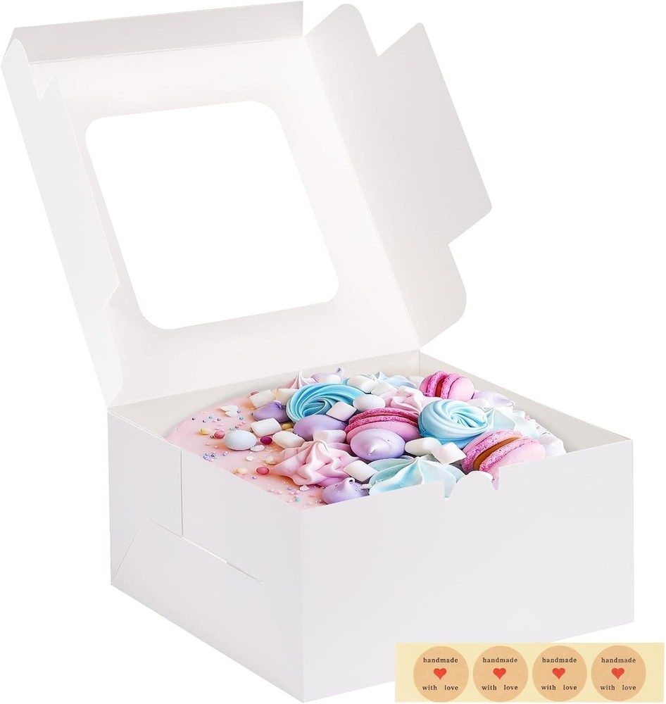 Cake Boxes with Window, 10x10x5 Inches White Bakery Containers,