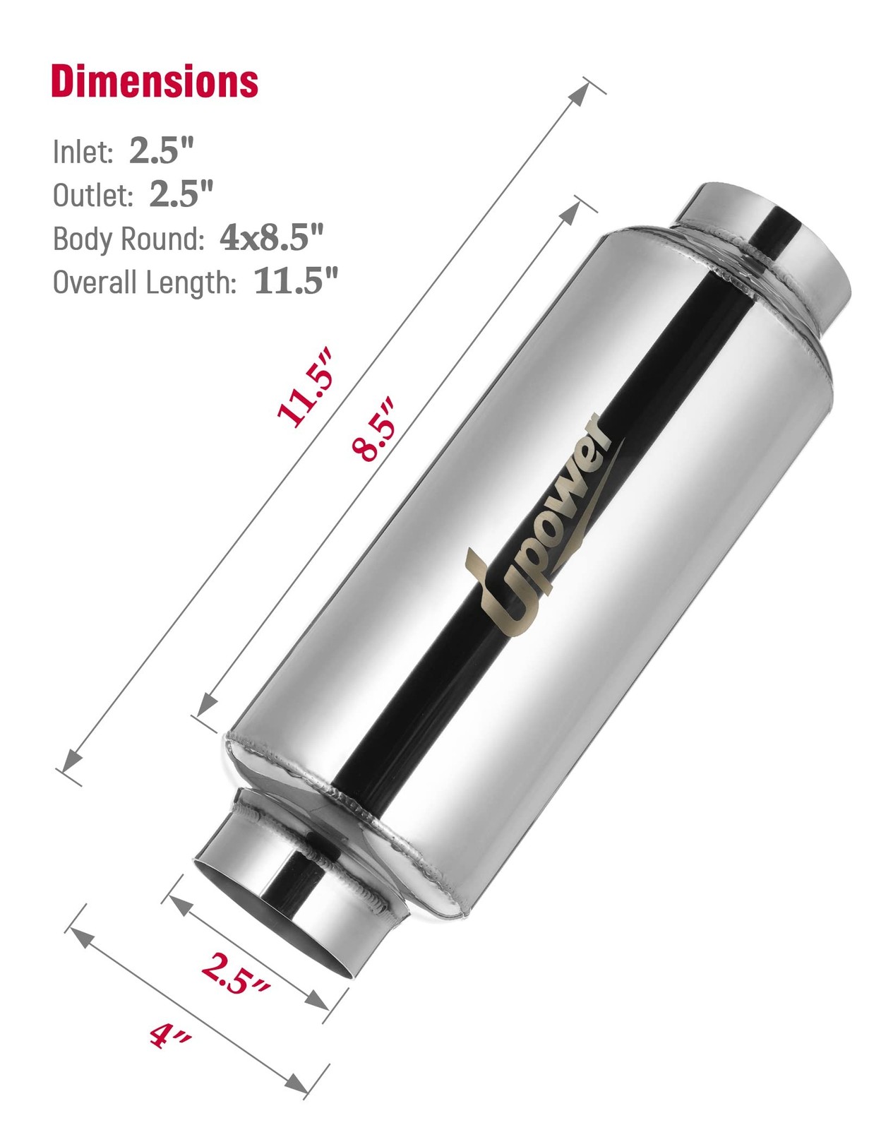 Upower 2.5" Inlet&Outlet Exhaust Resonator,4" x8.5" Body 11.5" Overall Length...