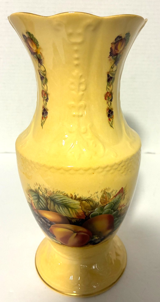 Aynsley Crown Vase "Orchard Gold" Pattern Fluted Edge Footed Base 10.5”