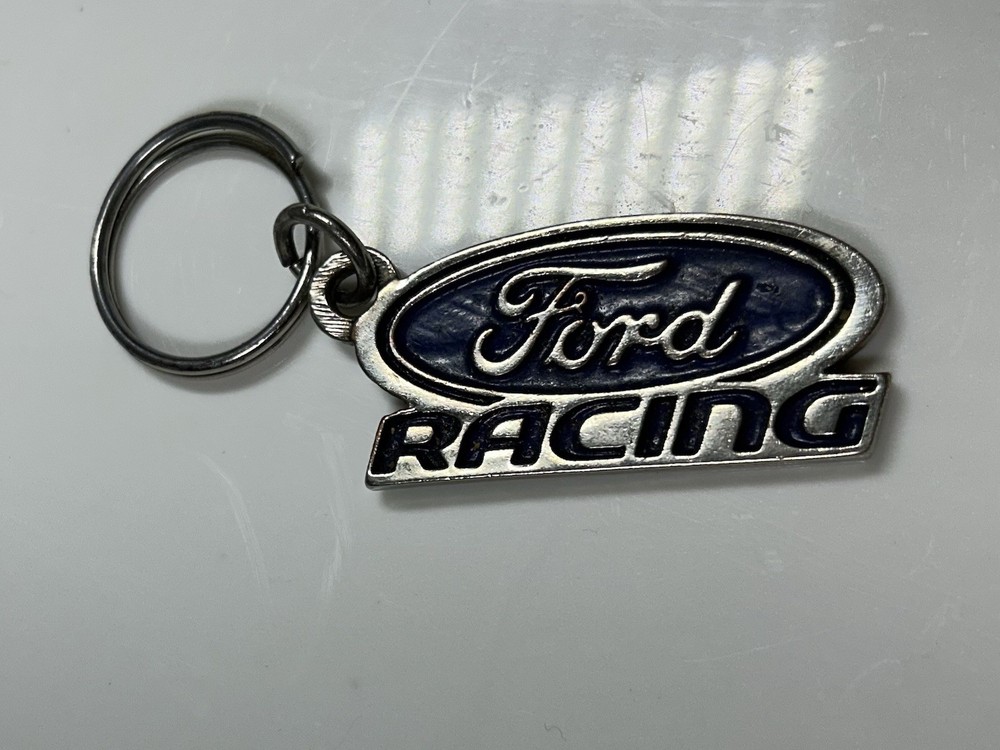 Vintage Die-Cast Blue Enamel Ford Racing Keychain Split Ring 2in