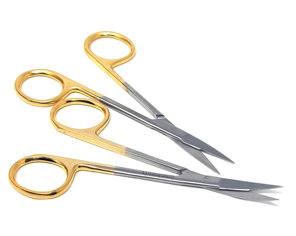 2Pcs Micro IRIS Dissecting Scissors STR + CRV Blades Gold Handle Shears - 4.5"