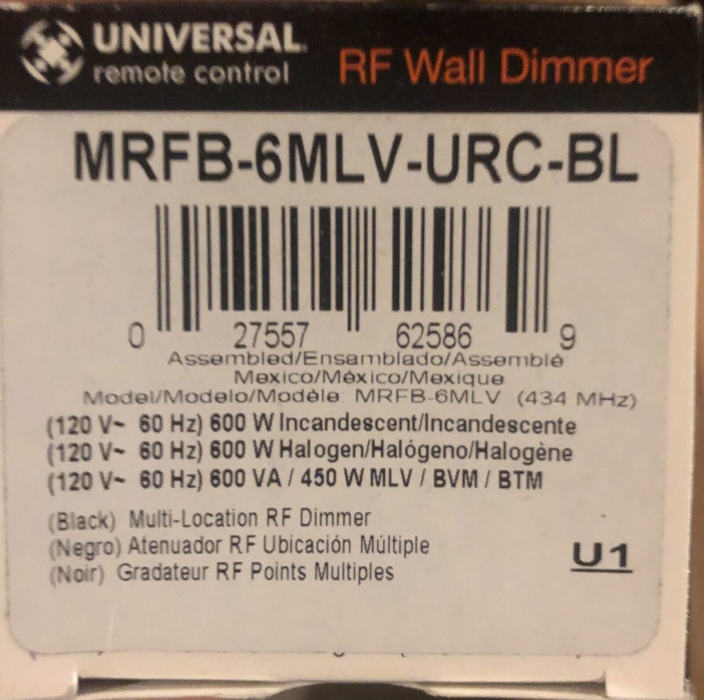 Universal Remote Control Lutron RF Wall Lighting Dimmer MRFB-6MLV-URC-BL