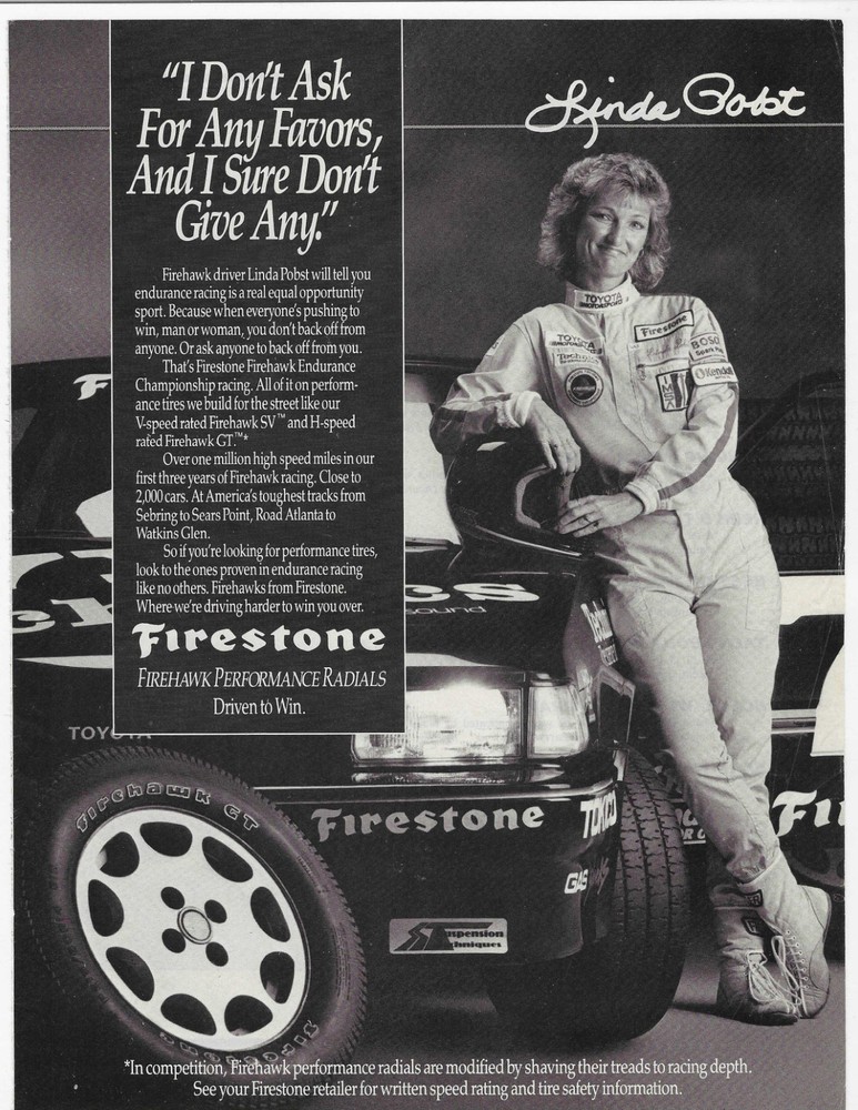 FIREHAWK DRIVER LINDA ROBST  FIRESTONE ORIGINAL PRINT AD