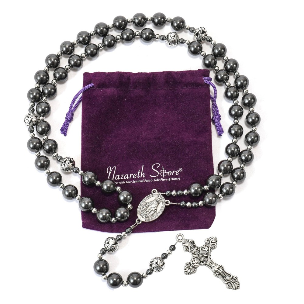 Hematite Rosary Black Stone Beads Metal Beaded Necklace Mary Miraculous Medal