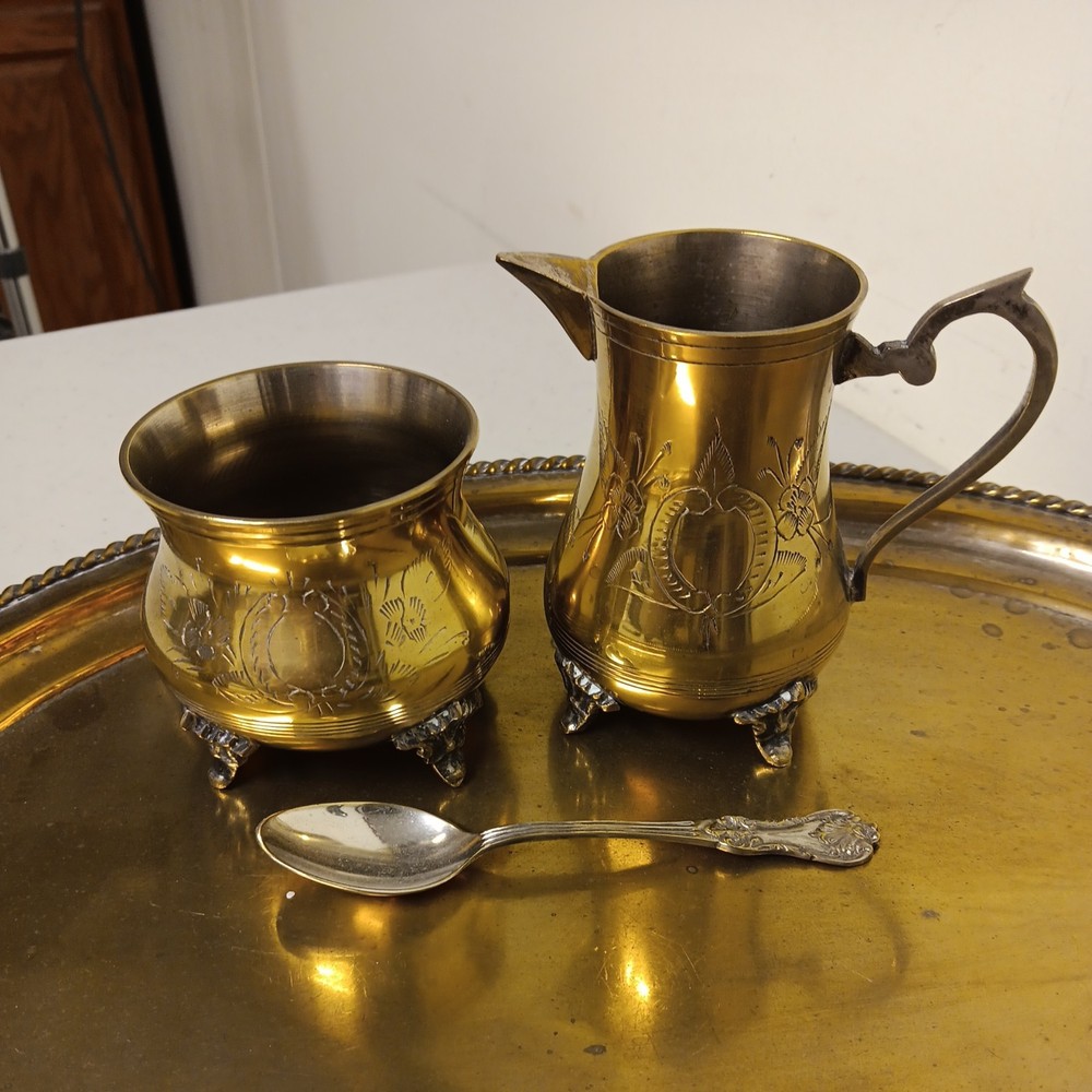 Vintage Solid Brass Coffee Tea Service W/ Tray Etched